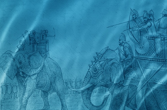 Ilustración en tonos azules de una batalla entre cartagineses y romanos
